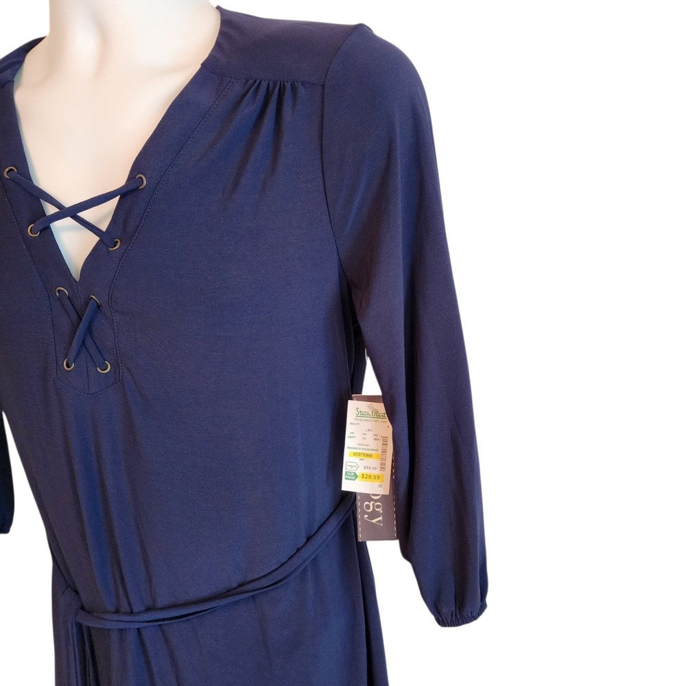 Luxology Navy Blue Lace Up Dress Womens Size 6 NWT Belted Free Ship - Picture 5 of 13